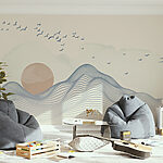Wall murals Sun and birds flying over a mountain