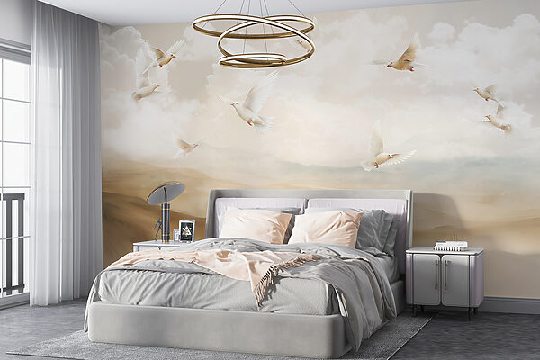 Group of white birds flying in the sky Wall murals Group of white birds flying in the sky
