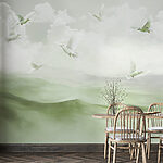 Wall murals Group of white birds flying over a foggy landscape
