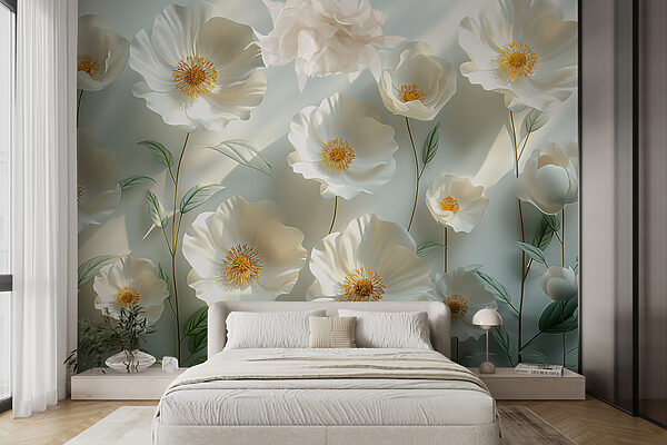 Group of white flowers with green leaves Wall murals Group of white flowers with green leaves