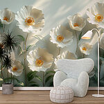 Wall mural Group of white flowers with green leaves