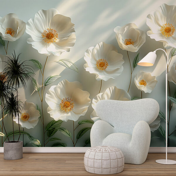 Wall mural Group of white flowers with green leaves