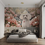 Wall murals White dog in a garden of pink flowers
