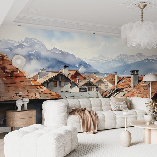 Group of houses with roofs and mountains in the background Wall murals Group of houses with roofs and mountains in the background