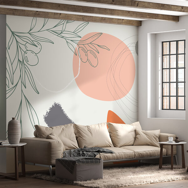 Graphic design of a branch with olives and circles Wall murals Graphic design of a branch with olives and circles