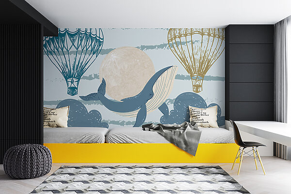 Whale and parachutes in the sky Wall murals Whale and parachutes in the sky