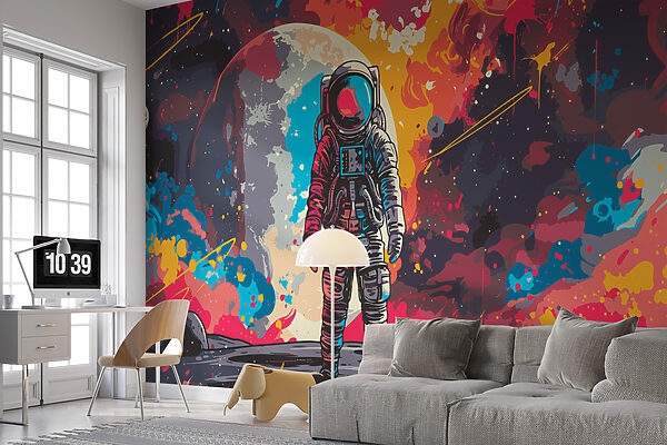 Astronaut in space with a large red and orange space behind him Wall murals Astronaut in space with a large red and orange space behind him