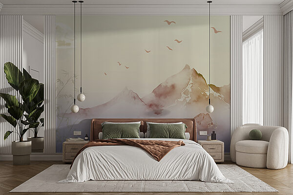 Painting of mountains and birds Wall murals Painting of mountains and birds