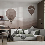 Wall mural Group of hot air balloons flying over a village