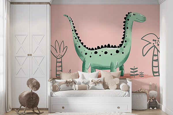 Wall mural Cartoon dinosaur with plants and leaves