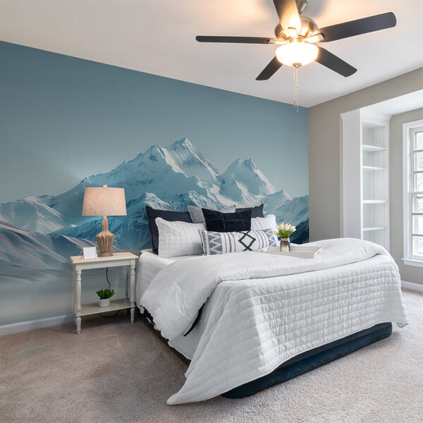 Snowy mountain range with a body of water Wall murals Snowy mountain range with a body of water