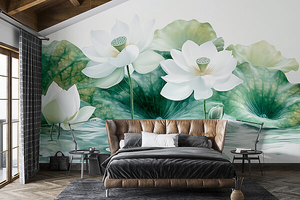 Group of white flowers and green leaves in water Wall murals Group of white flowers and green leaves in water