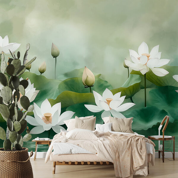 Group of white flowers and green leaves Wall murals Group of white flowers and green leaves