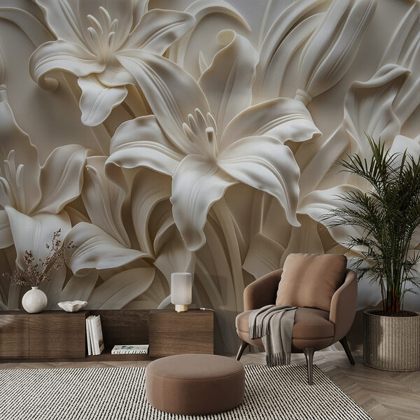 Wall mural White flower sculpture on a wall