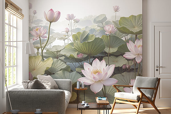 Group of pink flowers and green leaves Wall murals Group of pink flowers and green leaves