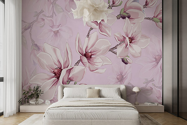 Wall murals Blooming magnolias on pink backdrop (SKU: w00982) Wall murals Wall murals Blooming magnolias on pink backdrop (SKU: w00982)