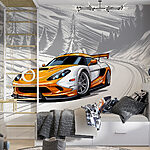 Wall murals Yellow and white sports car on a snowy road