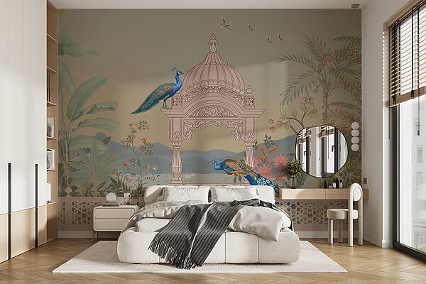 Mural of a building with a roof and birds Wall murals Mural of a building with a roof and birds