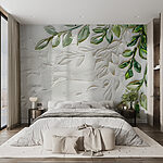 Wall murals White surface with green leaves