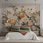 Wall murals Painting of a branch with white flowers and oranges