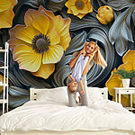 Wall murals Yellow blooms amid swirling grays.