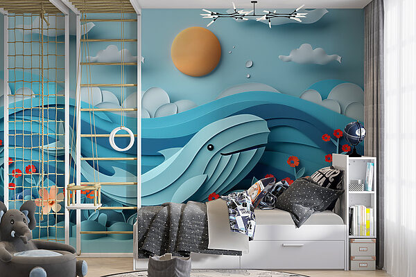Paper cut out of a whale in the ocean Wall murals Paper cut out of a whale in the ocean