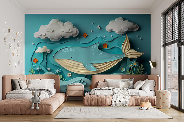 Paper cut whale in the ocean Wall murals Paper cut whale in the ocean