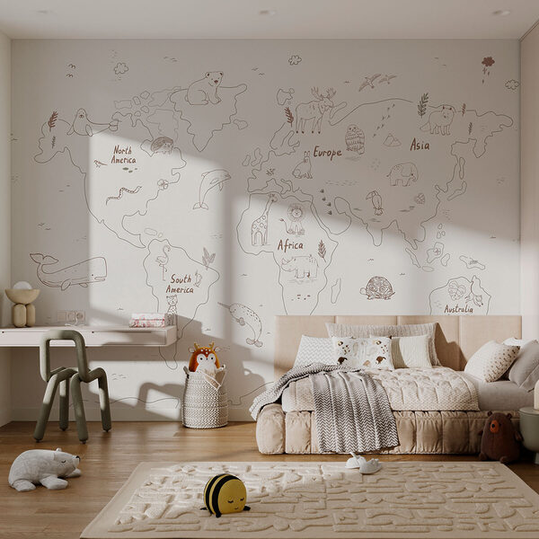 Map of the world with animals Wall murals Map of the world with animals