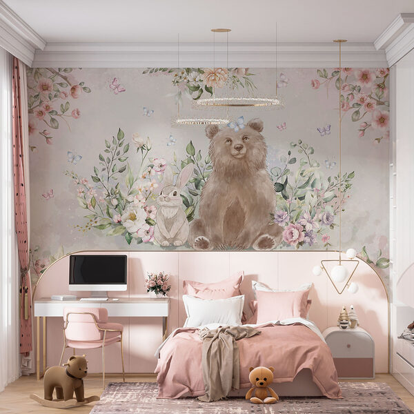 Bear and rabbit with flowers Wall murals Bear and rabbit with flowers