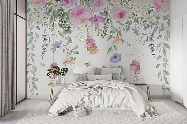 Painting of flowers and butterflies Wall murals Painting of flowers and butterflies