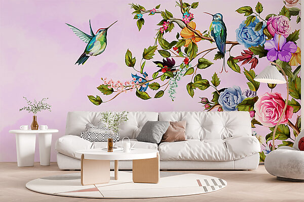 Painting of birds on a branch with flowers Wall murals Painting of birds on a branch with flowers
