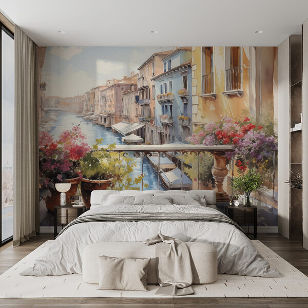 Watercolor painting of a river with a row of buildings and flowers on a balcony Wall murals Watercolor painting of a river with a row of buildings and flowers on a balcony