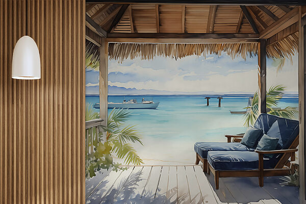Watercolor painting of a beach with chairs and a boat Wall murals Watercolor painting of a beach with chairs and a boat