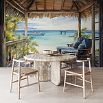 Wall mural Watercolor painting of a beach with chairs and a boat
