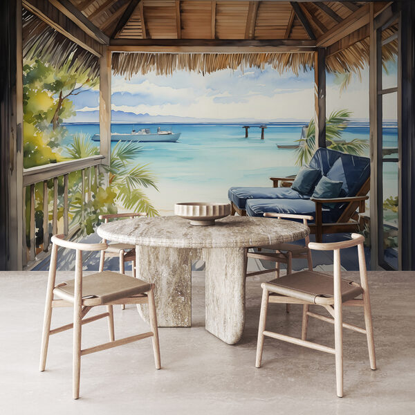 Wall mural Watercolor painting of a beach with chairs and a boat