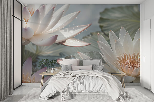 Lotus blooms gleaming with morning dew Wall murals Lotus blooms gleaming with morning dew