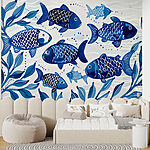 Wall mural Group of blue fish swimming in water