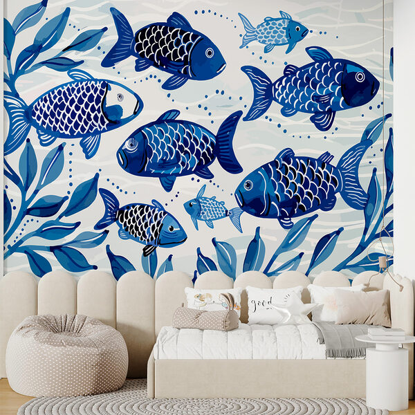 Wall mural Group of blue fish swimming in water (SKU: w01062) Wall mural Wall mural Group of blue fish swimming in water (SKU: w01062)