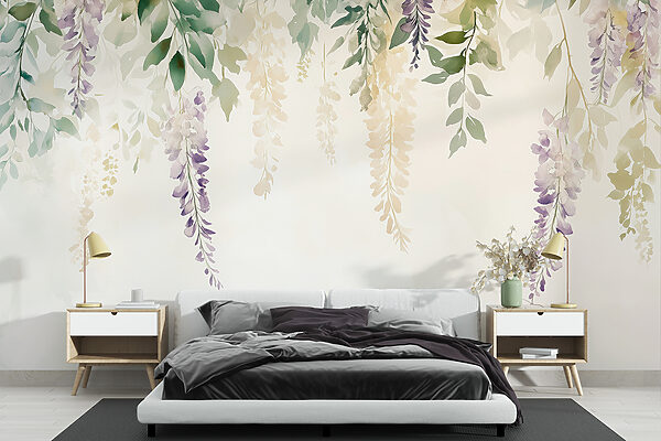 Wall mural Painting of flowers and leaves (SKU: w01545) Wall mural Wall mural Painting of flowers and leaves (SKU: w01545)