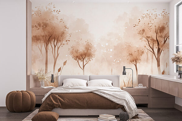 Wall mural Foggy landscape with trees and grass