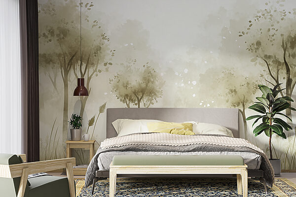 Foggy landscape with trees and grass Wall murals Foggy landscape with trees and grass