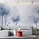 Wall murals Foggy forest with trees and grass