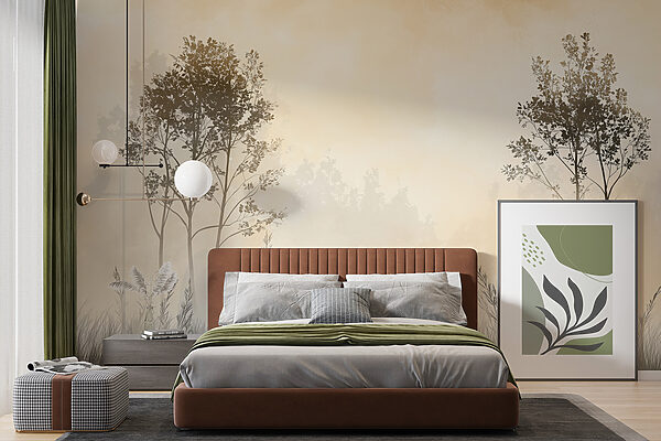 Foggy landscape with trees and grass Wall murals Foggy landscape with trees and grass