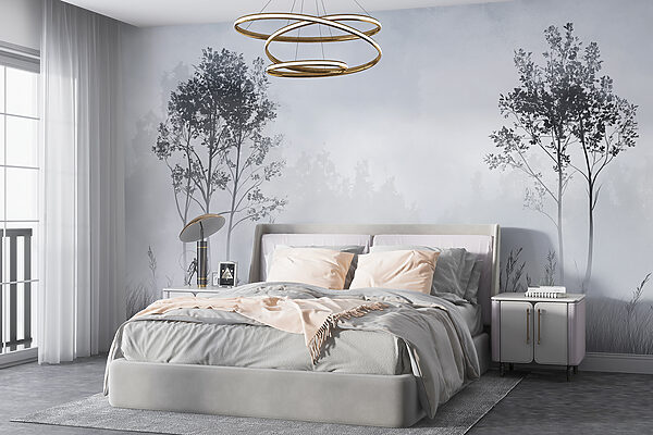 Wall murals Foggy landscape with trees and grass