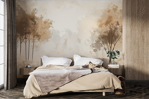 Wall murals Foggy forest with trees and grass