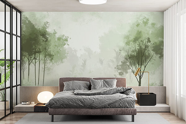 Foggy forest with trees Wall murals Foggy forest with trees