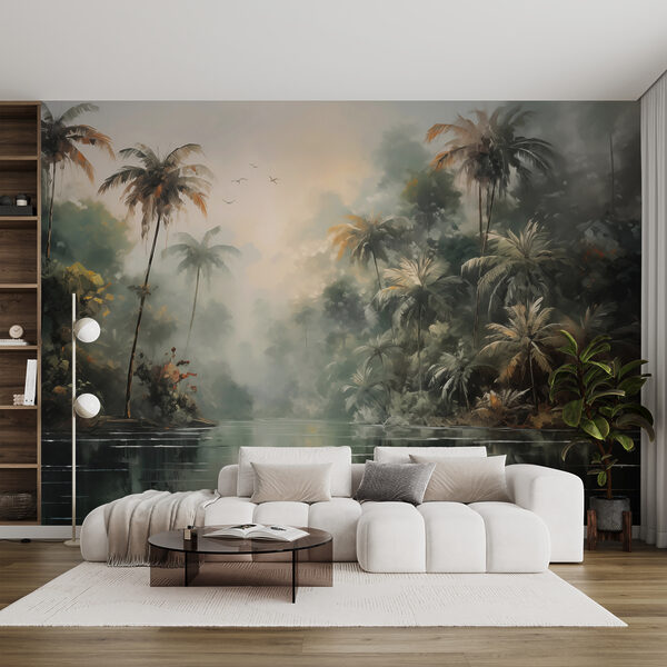 Water with palm trees and birds flying Wall murals Water with palm trees and birds flying