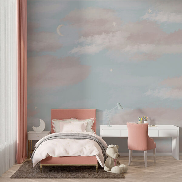 Blue sky with clouds and a crescent moon Wall murals Blue sky with clouds and a crescent moon