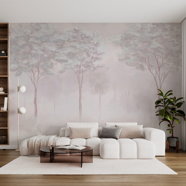 Wall murals Foggy forest with trees