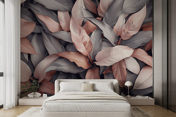 Group of leaves with pink and grey leaves Wall mural Group of leaves with pink and grey leaves